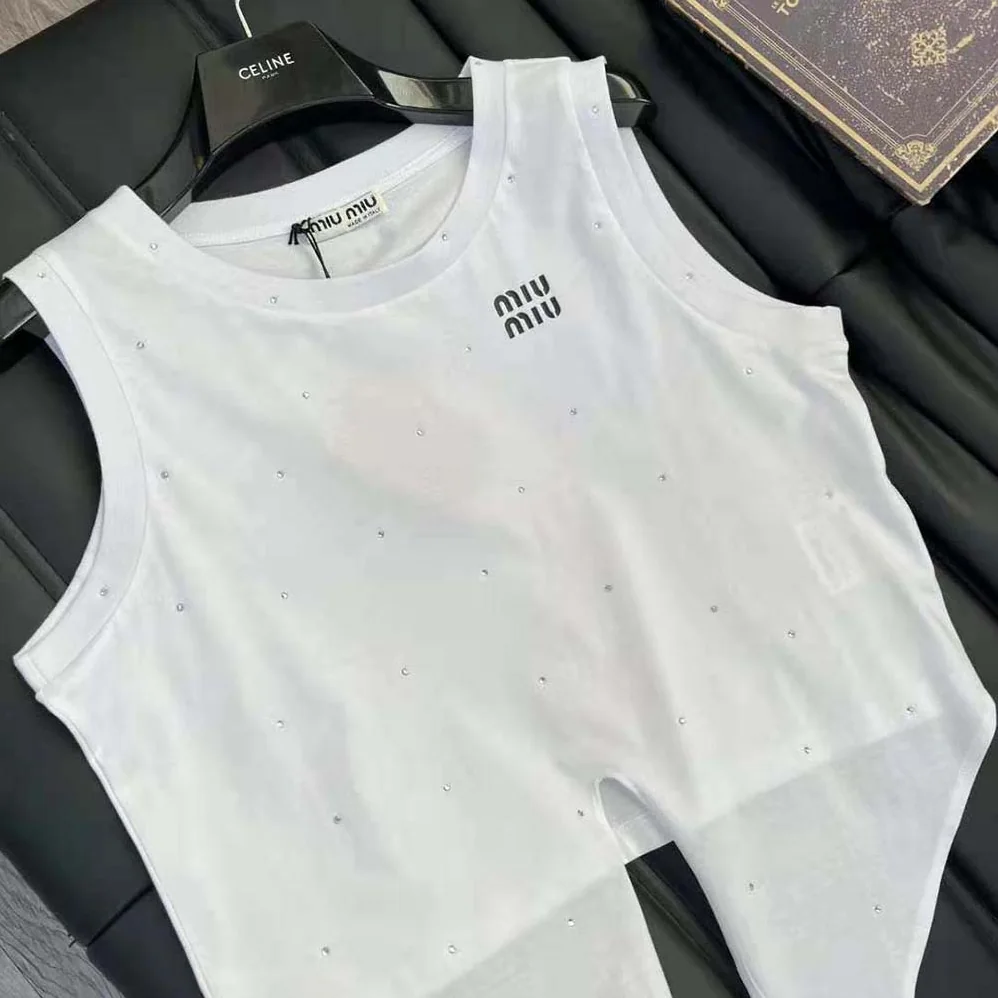 Miu Miu Cotton Top with Crystals with Embroidered Logo for Women in White Miu Miu Cotton Top with Crystals with Embroidered Logo for Women in White