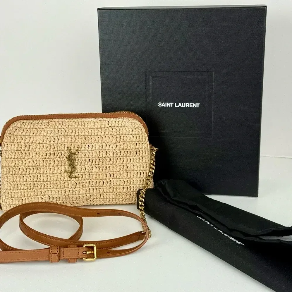 Saint Laurent YSL Gaby Zipped Pouch in Raffia and Vegetable for Women in tanned Leather Saint Laurent YSL Gaby Zipped Pouch in Raffia and Vegetable for Women in tanned Leather