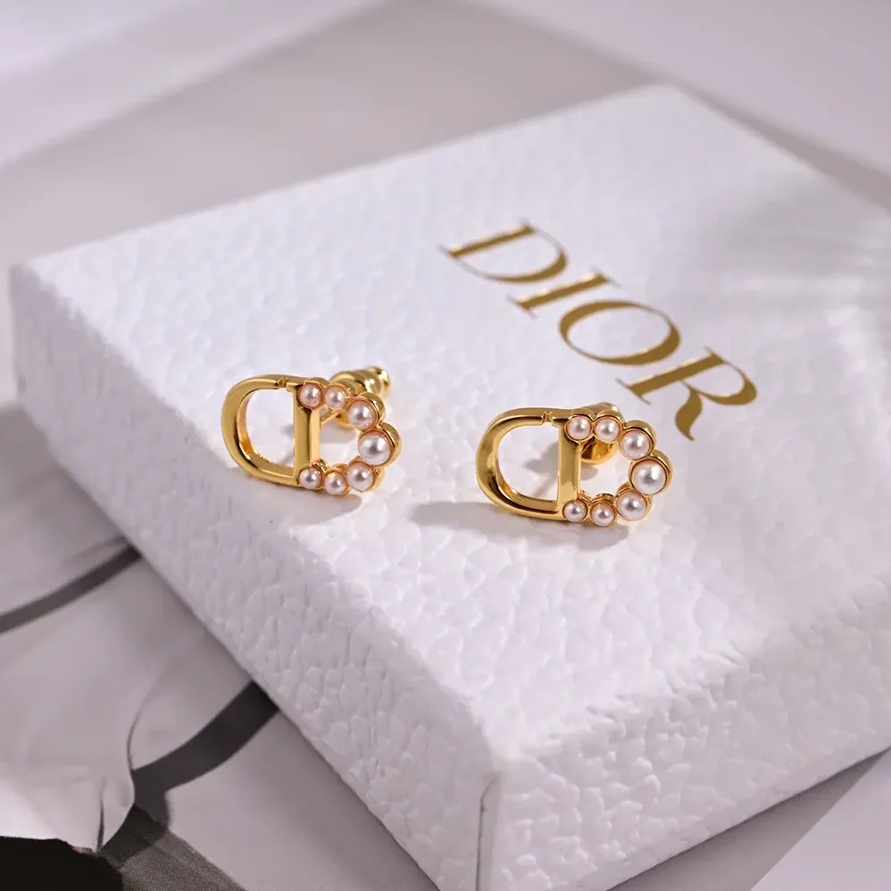 Dior Petit CD Mini Stud Earrings Gold-Finish Metal and White Resin Pearls for Women