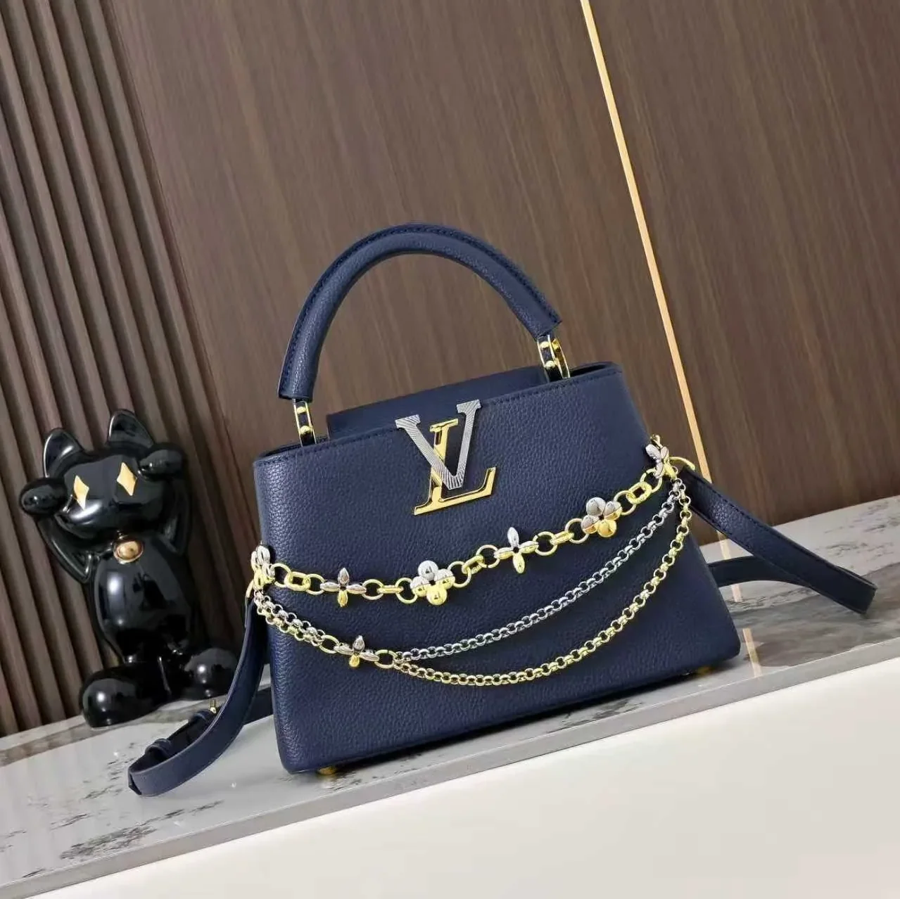 Louis Vuitton Capucines BB Top Handle Bag / Navy Blue Silver/ Gold Hardware Louis Vuitton Capucines BB Top Handle Bag / Navy Blue Silver/ Gold Hardware