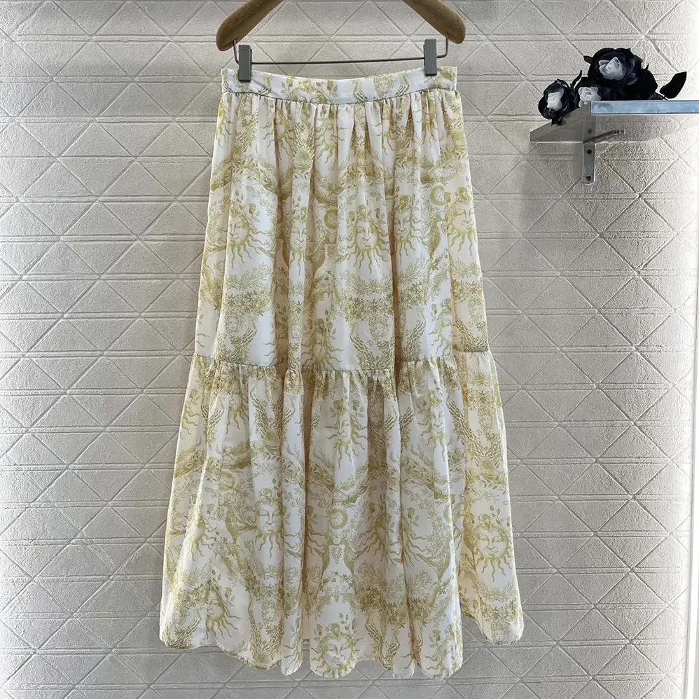 Dior Dioriviera Mid-Length Skirt White and Lemon Yellow Cotton Muslin for Women Dior Dioriviera Mid-Length Skirt White and Lemon Yellow Cotton Muslin for Women