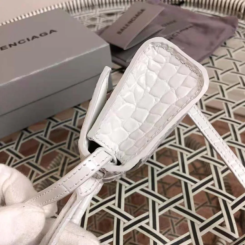 Balenciaga Hourglass Mini Top Handle Bag in White Shiny Crocodile Embossed Calfskin for Women Balenciaga Hourglass Mini Top Handle Bag in White Shiny Crocodile Embossed Calfskin for Women