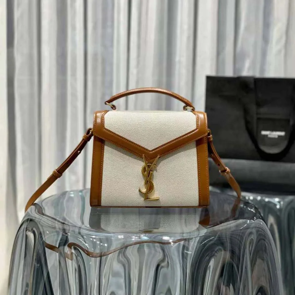 Saint Laurent YSL Cassandra Mini Top Handle Bag in Canvas and Smooth Leather for Women Saint Laurent YSL Cassandra Mini Top Handle Bag in Canvas and Smooth Leather for Women