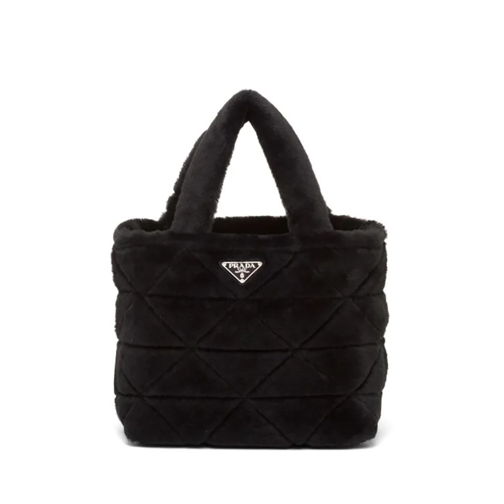 Prada Iconic Triangle Logo Soft Shearling Tote for Women in Black Prada Iconic Triangle Logo Soft Shearling Tote for Women in Black