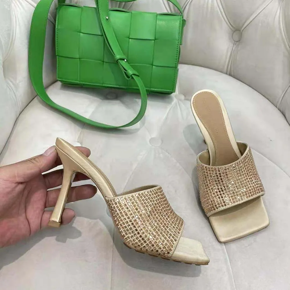 Bottega Veneta Stretch Strass-Embellished Silk Mules for Women in Gold