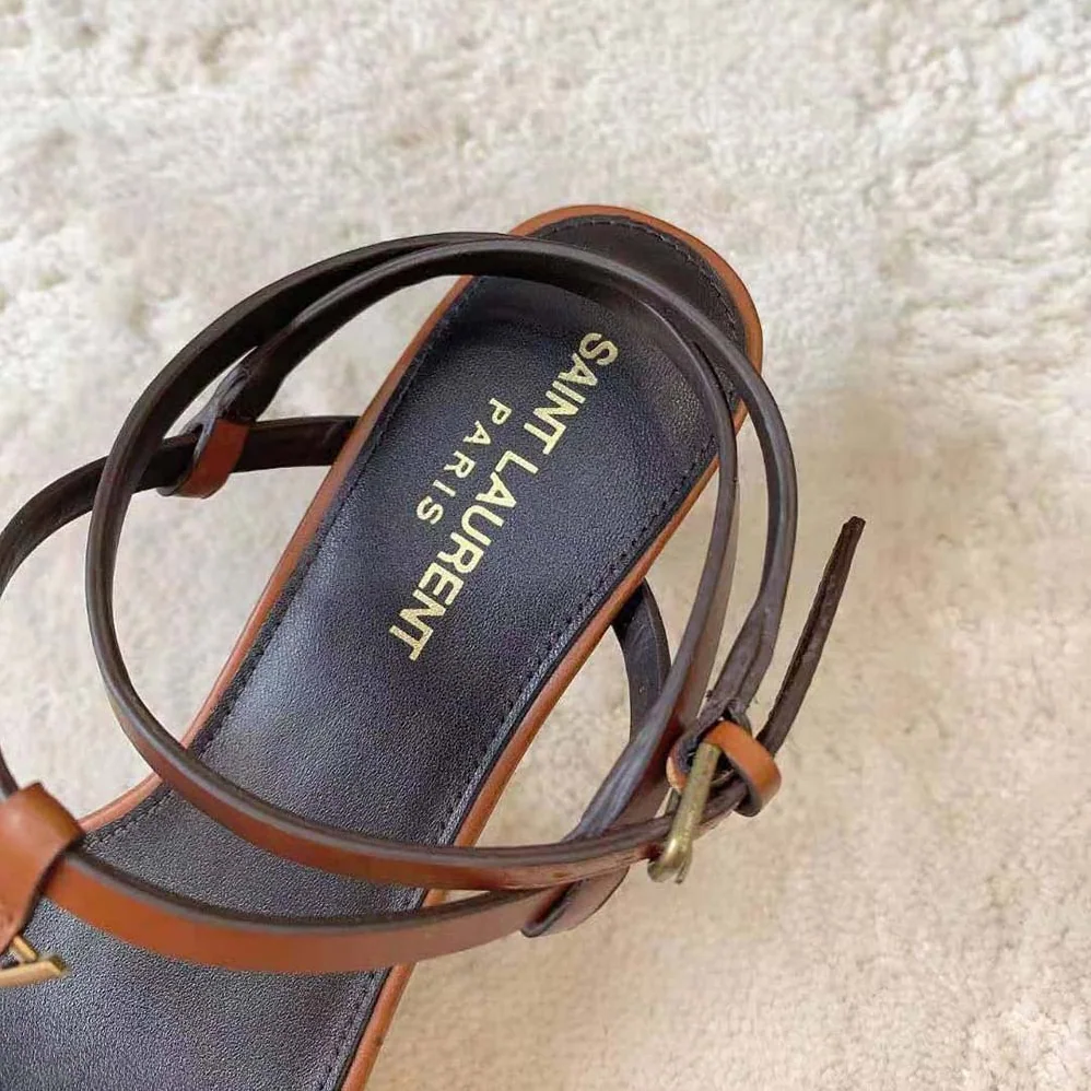 Saint Laurent YSL Cassandra Sandals in Smooth Leather for Women in Brown