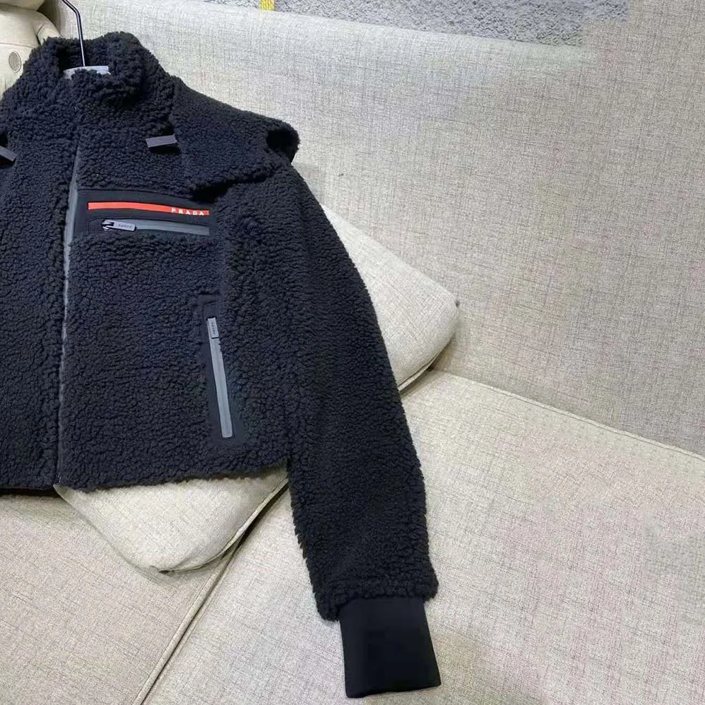 Prada Cropped Recycled Fleece Down Jacket for Women in Black Prada Cropped Recycled Fleece Down Jacket for Women in Black