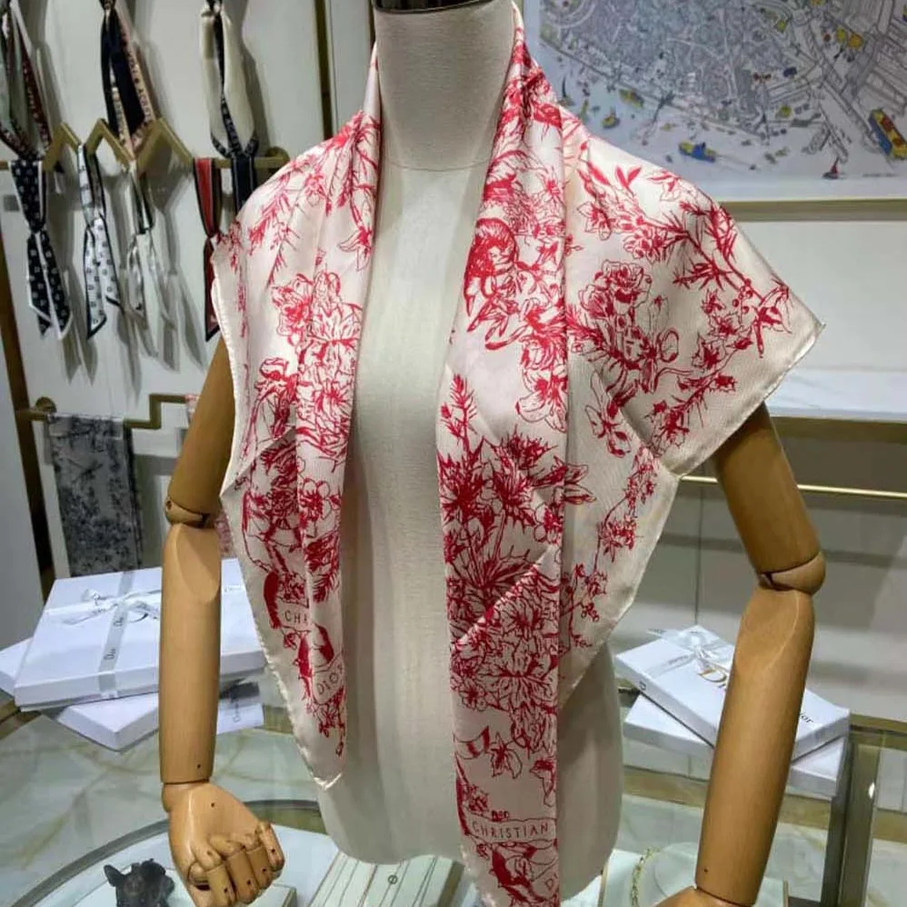 Dior Toile De Jouy Flowers Square Scarf Ivory and Red Silk Twill for Women Dior Toile De Jouy Flowers Square Scarf Ivory and Red Silk Twill for Women