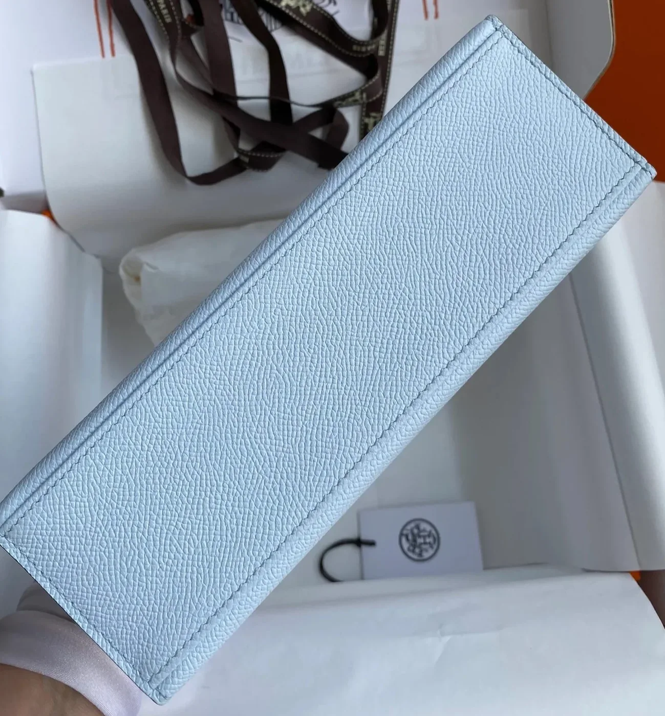 Hermes Kelly Pochette Top Handle Bag / Sky Blue Epsom Palladium Hardware Hermes Kelly Pochette Top Handle Bag / Sky Blue Epsom Palladium Hardware