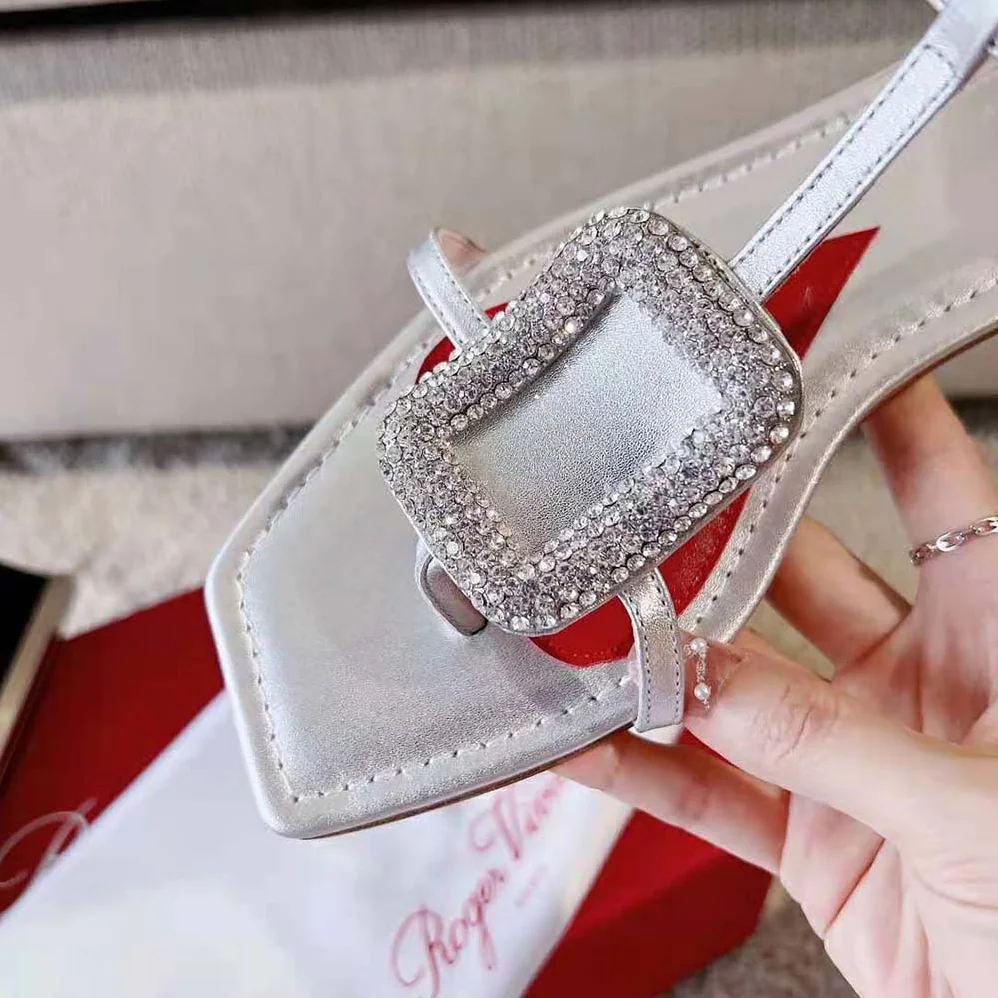 Roger Vivier Viv Choc Strass Buckle Thong Sandals in Leather for Women in Silver Roger Vivier Viv Choc Strass Buckle Thong Sandals in Leather for Women in Silver