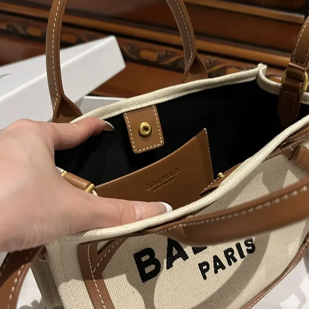 Balmain B-Army Small Canvas Shopping Bag with Leather Inserts for Women Balmain B-Army Small Canvas Shopping Bag with Leather Inserts for Women