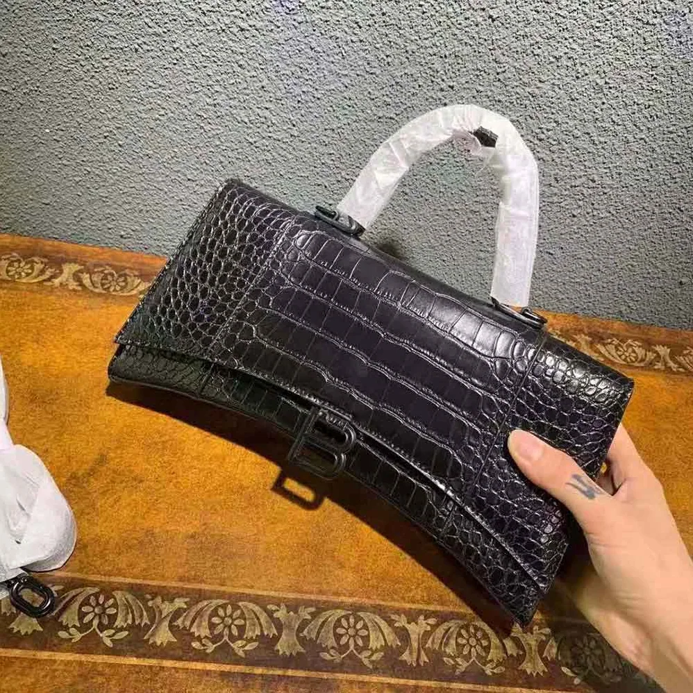 Balenciaga Hourglass Stretched Top Handle Bag in Black Shiny Crocodile Embossed Calfskin for Women Balenciaga Hourglass Stretched Top Handle Bag in Black Shiny Crocodile Embossed Calfskin for Women
