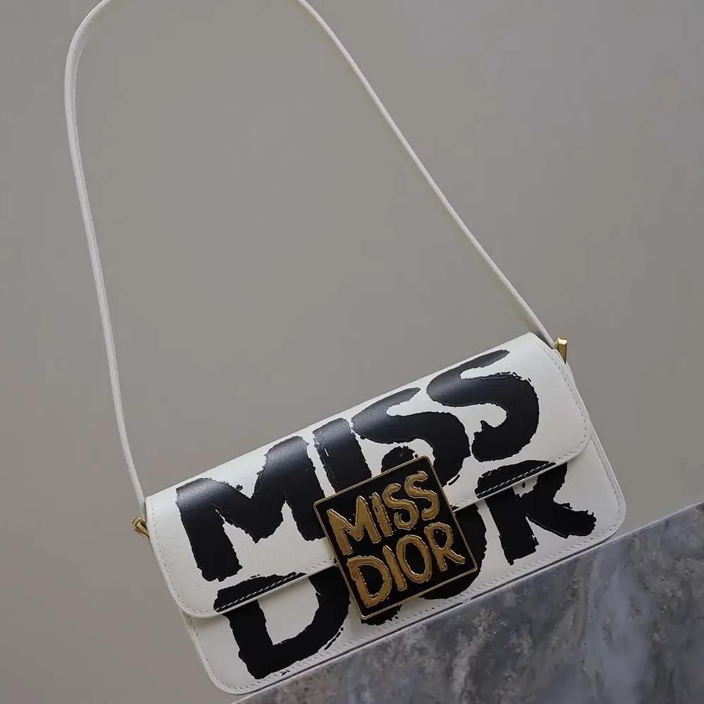 Dior Miss Dior Flap Bag White and Black Miss Dior Graffiti Printed Calfskin for Women