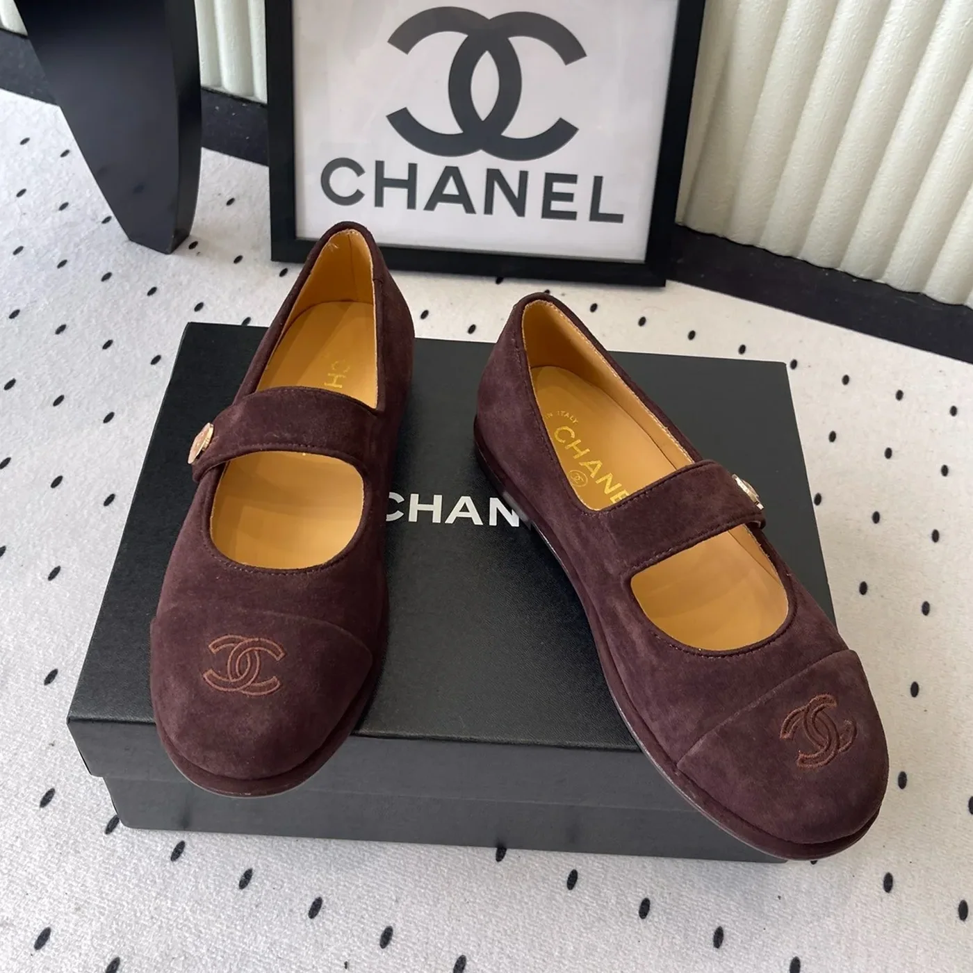 Chanel Mary Jane Flats Burgundy Suede