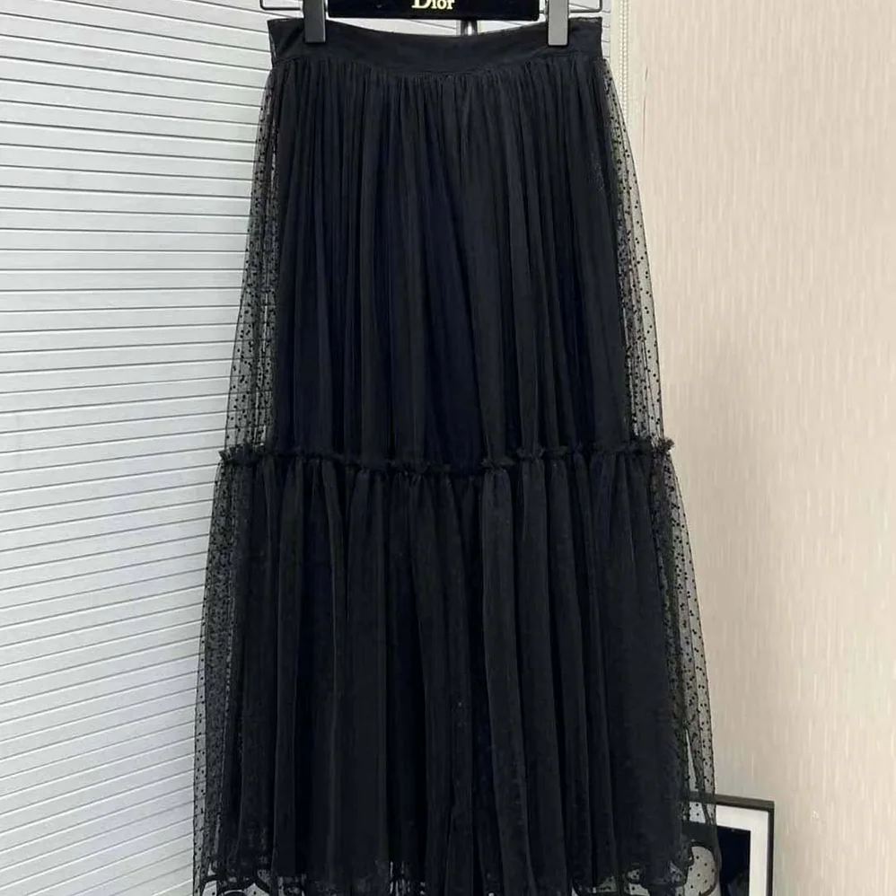 Dior Flared Mid-Length Skirt Black Plumetis Tulle for Women