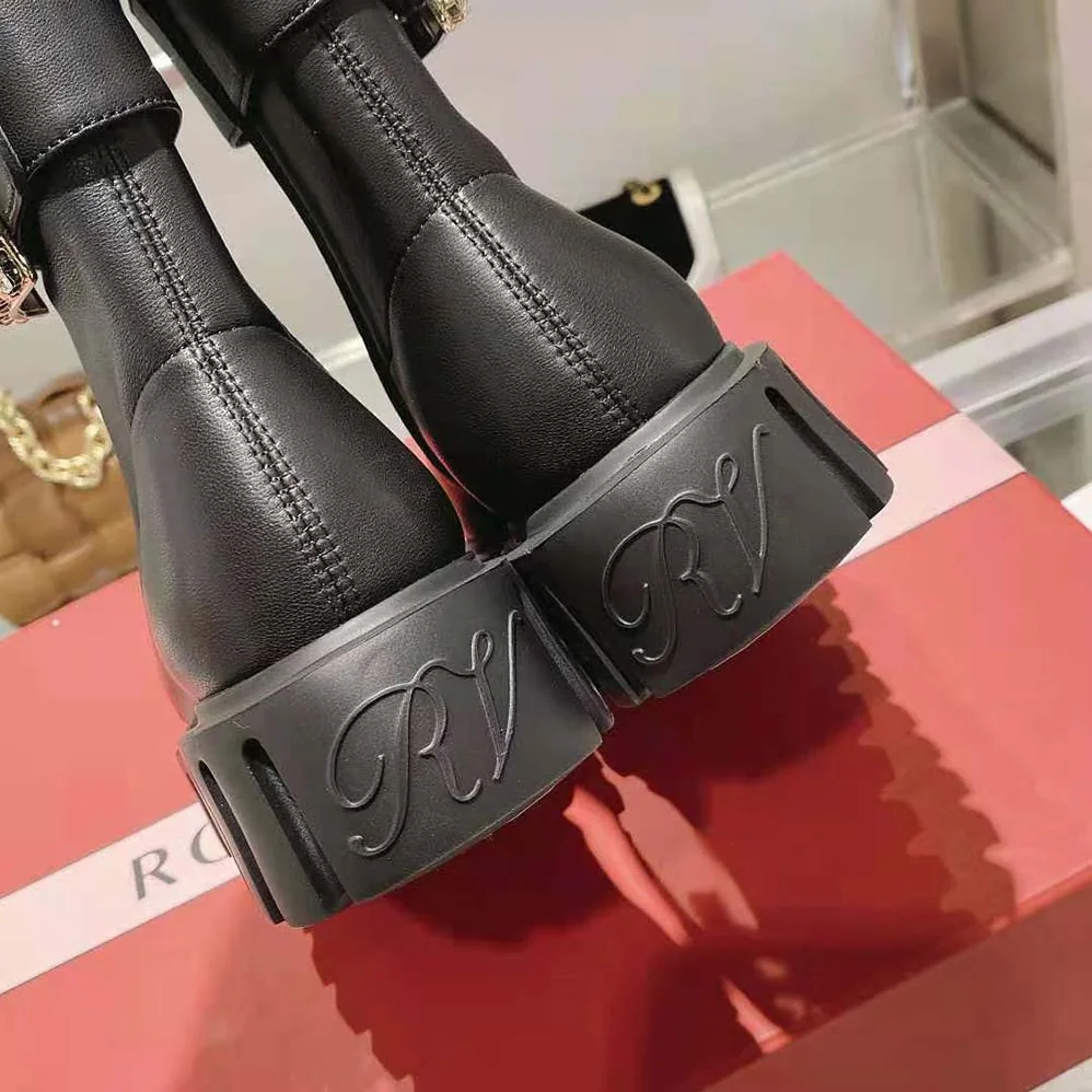 Roger Vivier Viv' Go-Thick Rhinestone Buckle Stretch Ankle Boots in Soft Leather for Women Roger Vivier Viv' Go-Thick Rhinestone Buckle Stretch Ankle Boots in Soft Leather for Women