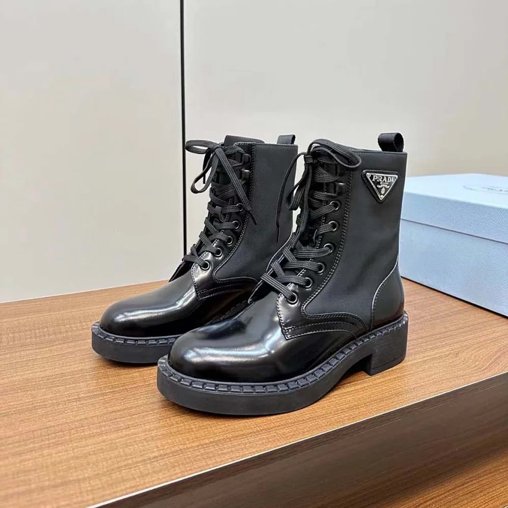 Prada Brushed-Leather and Re-Nylon Boots for Women in Black Prada Brushed-Leather and Re-Nylon Boots for Women in Black