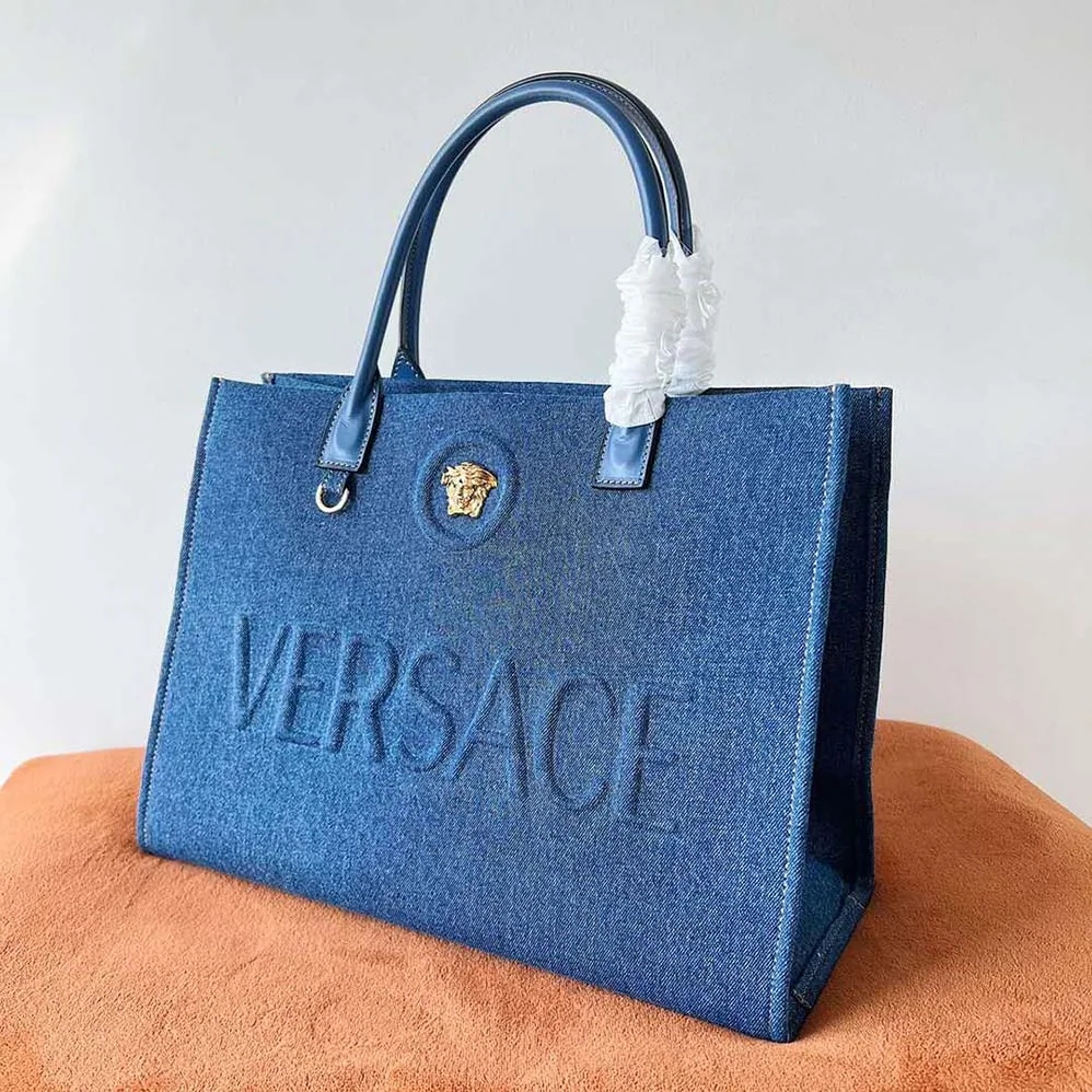 Versace La Medusa Denim Large Tote Bag for Women in Blue Versace La Medusa Denim Large Tote Bag for Women in Blue