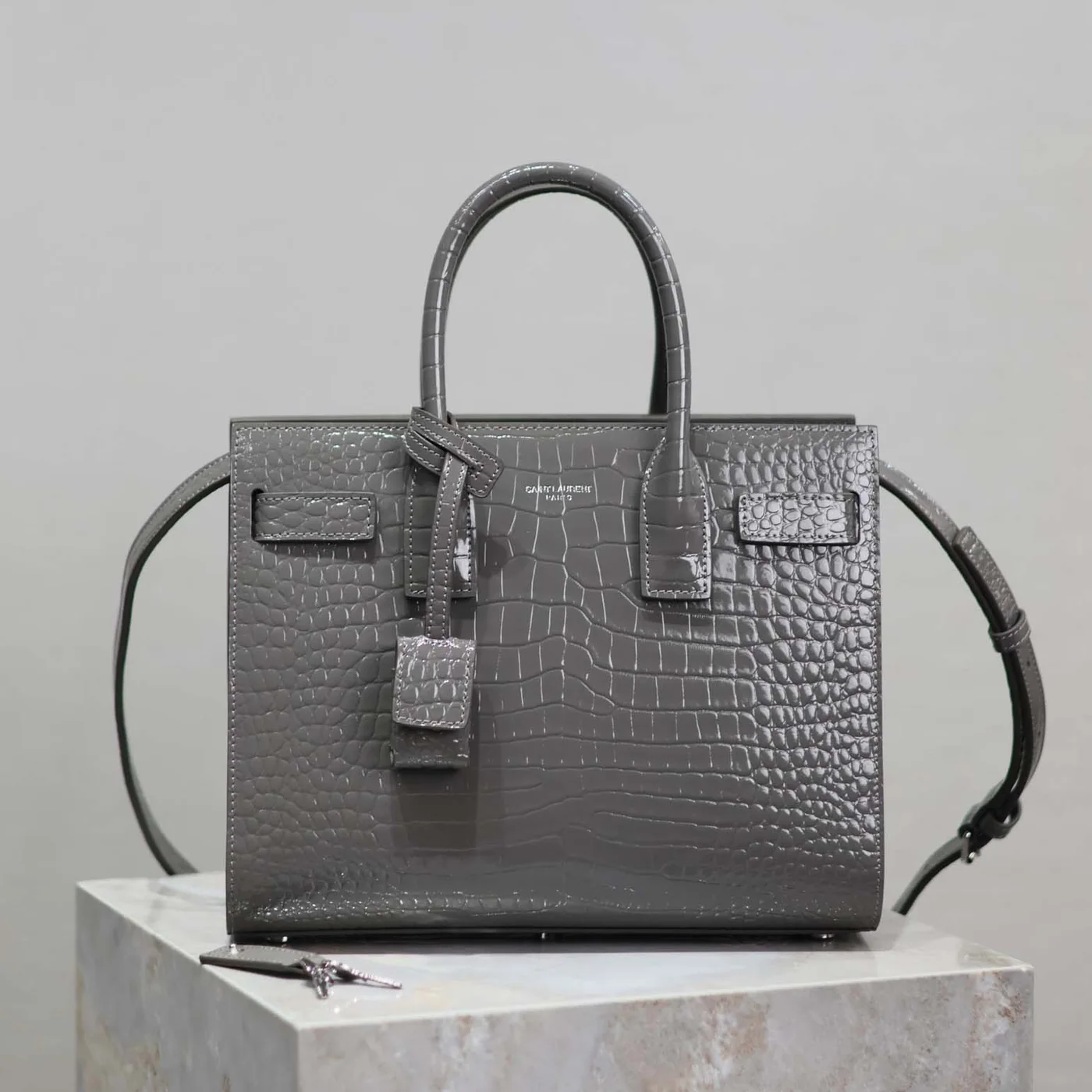 Saint Laurent YSL Sac De Jour in Embossed Crocodile Leather Baby for Women in Silver
