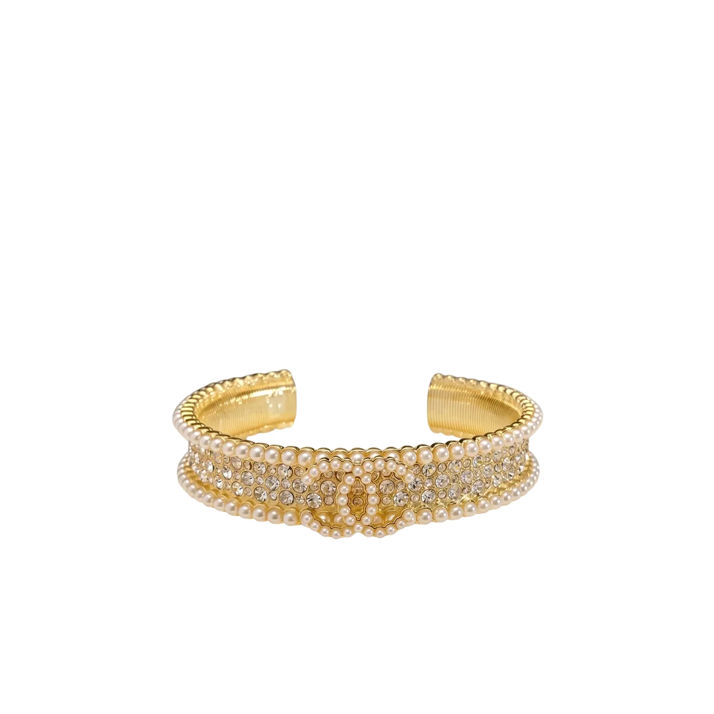 Chanel Pearl And Crystal Interlocking CC Cuff Bracelet Gold Hardware Chanel Pearl And Crystal Interlocking CC Cuff Bracelet Gold Hardware