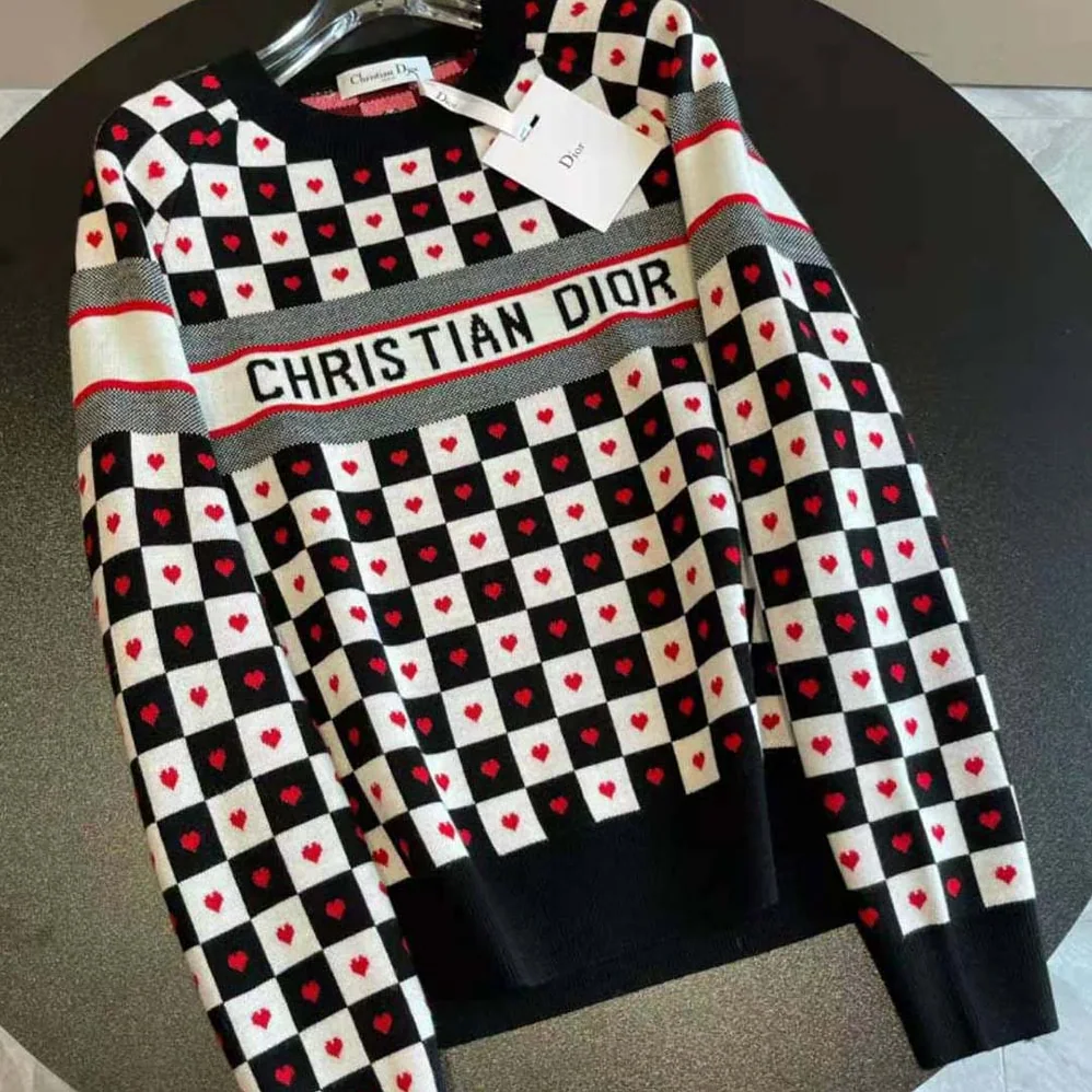 Dior Dioramour Sweater Black White and Red D-Chess Heart Double-Sided Technical Cashmere Knit and Wool for Women Dior Dioramour Sweater Black White and Red D-Chess Heart Double-Sided Technical Cashmere Knit and Wool for Women