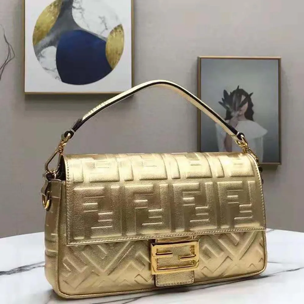 Fendi Baguette Fendi Prints On Leather Bag for Women in Gold Fendi Baguette Fendi Prints On Leather Bag for Women in Gold