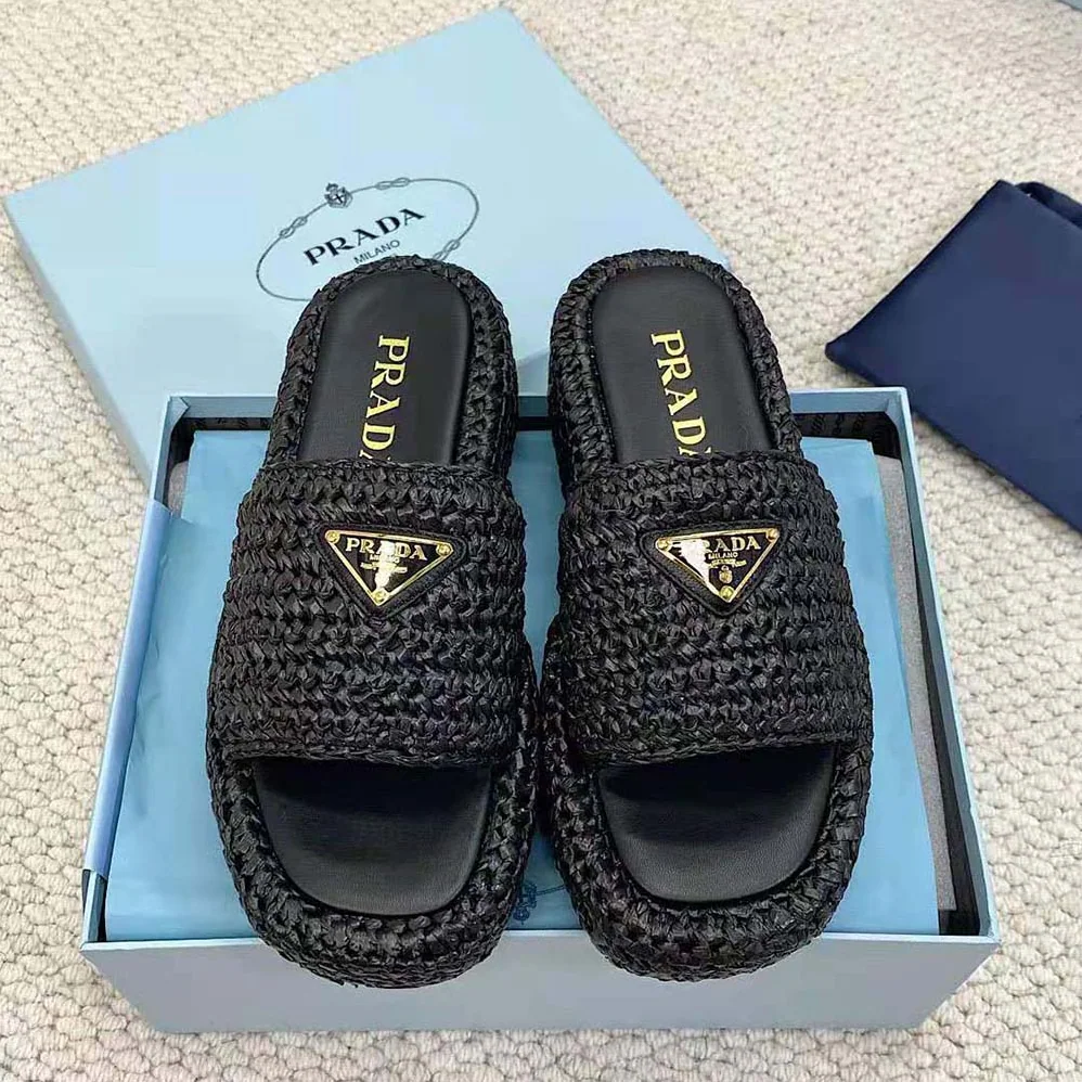 Prada Crochet Flatform Slides with Enameled Metal Triangle Logo for Women in Black Prada Crochet Flatform Slides with Enameled Metal Triangle Logo for Women in Black