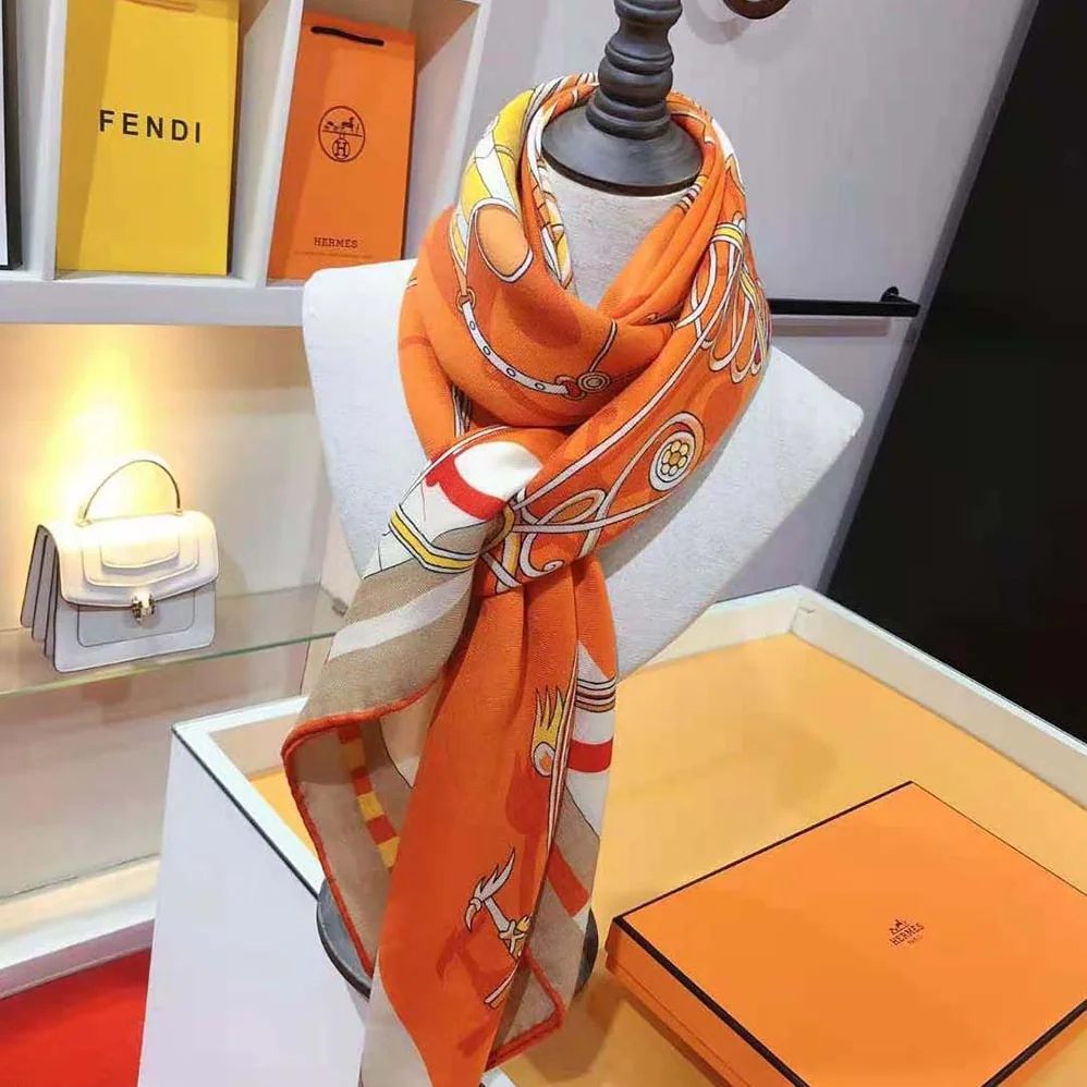 Hermes Voitures En Equilibre Shawl 140 for Women in Orange Hermes Voitures En Equilibre Shawl 140 for Women in Orange