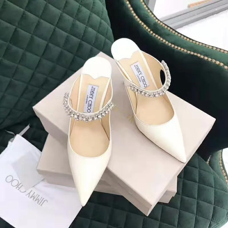 Jimmy Choo Shoes Bing 65 Linen Patent Leather Mules with Crystal Strap for Women Jimmy Choo Shoes Bing 65 Linen Patent Leather Mules with Crystal Strap for Women