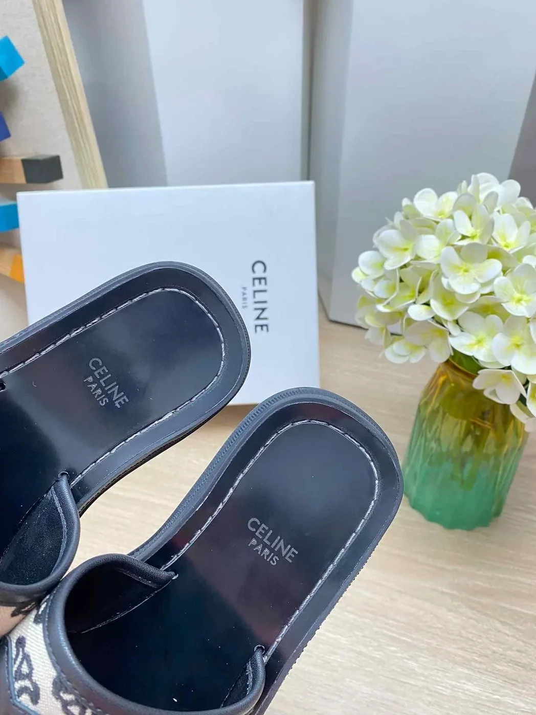 Celine Triomphe Slide In Triomphe Stamped Canvas Black Celine Triomphe Slide In Triomphe Stamped Canvas Black