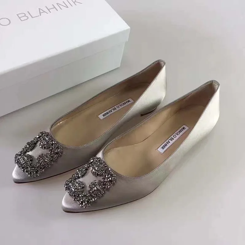 Manolo Blahnik Hangisiflat Satin Jewel Buckled Flats Shoes for Women in Grey Manolo Blahnik Hangisiflat Satin Jewel Buckled Flats Shoes for Women in Grey
