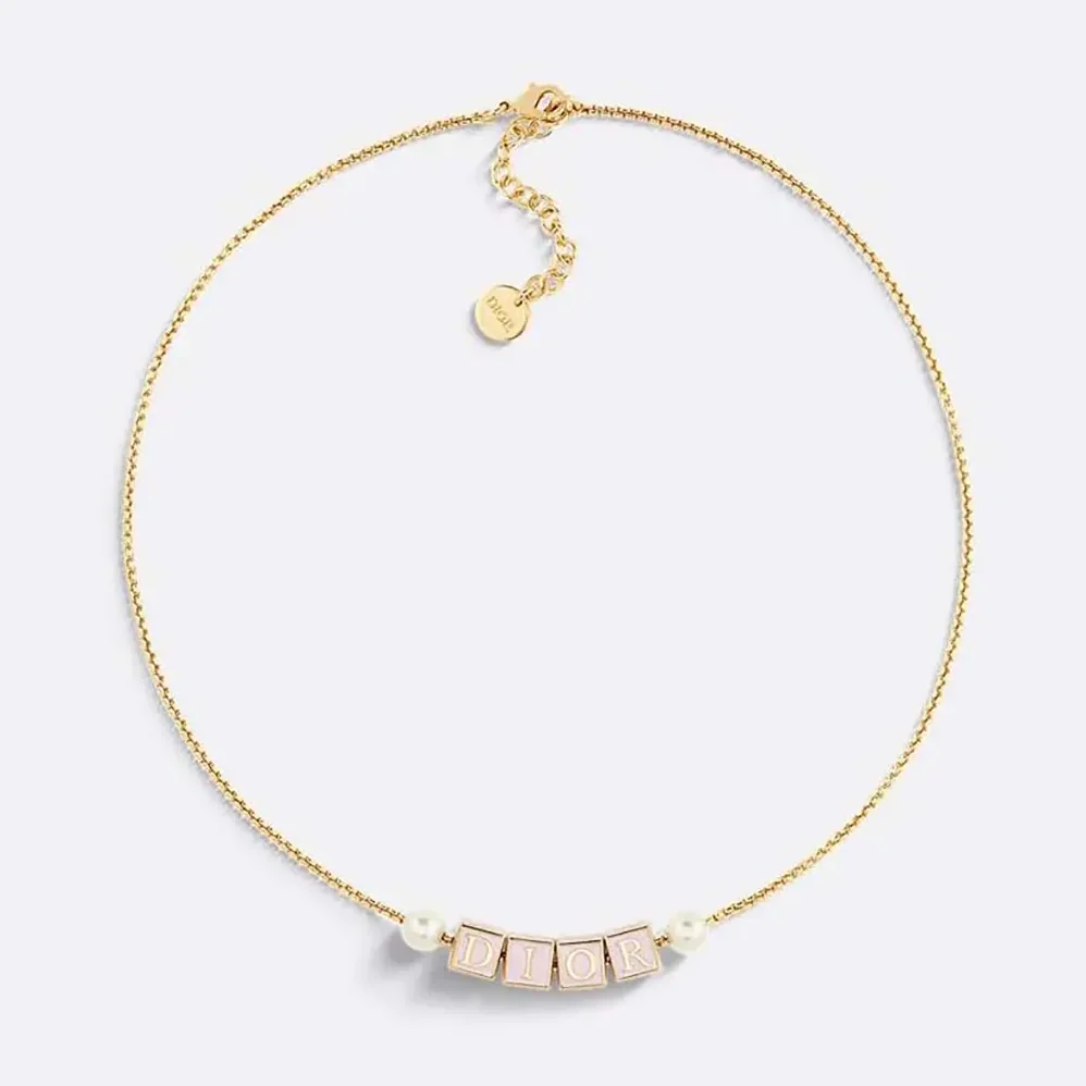 Dior D-Dice Necklace Gold-Finish Metal with Pale Pink Lacquer and White Resin Pearls for Women