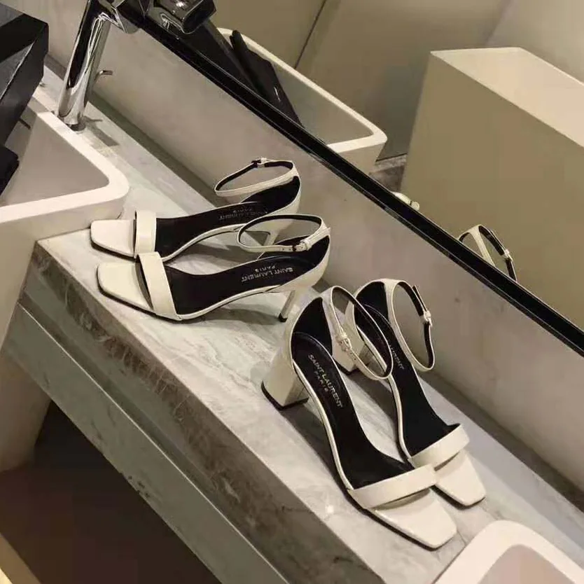 Saint Laurent YSL Amber Sandals Patent Leather 8.5cm Heel for Women in Beige