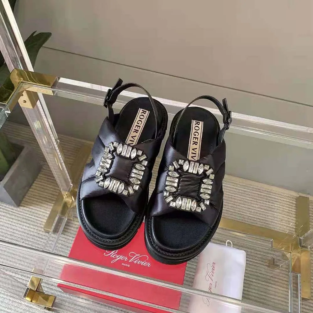 Roger Vivier Viv Winter Puffy Strass Buckle Sandals in Fabric for Women in Black Roger Vivier Viv Winter Puffy Strass Buckle Sandals in Fabric for Women in Black