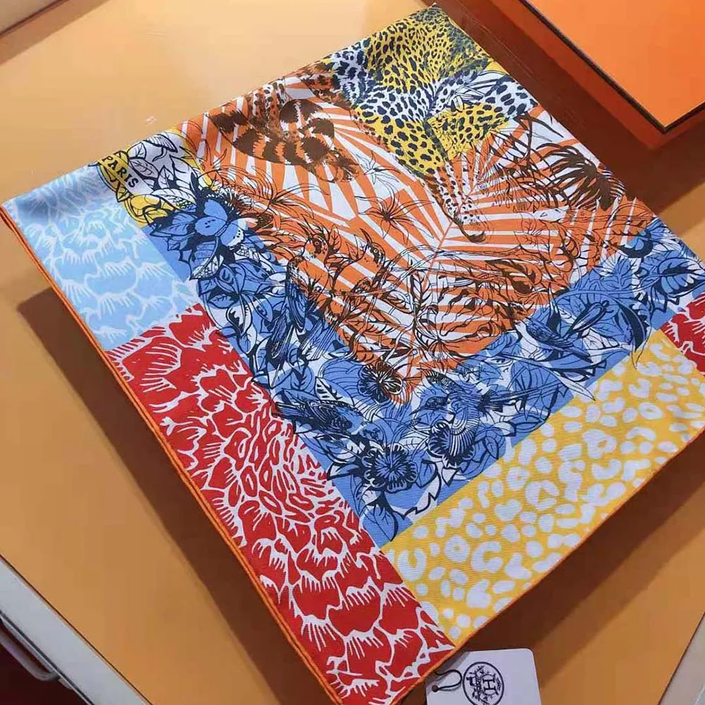 Hermes Jungle Love Stamped Scarf 70 in Silk Twill with Hand-Rolled Edges for Women in Orange