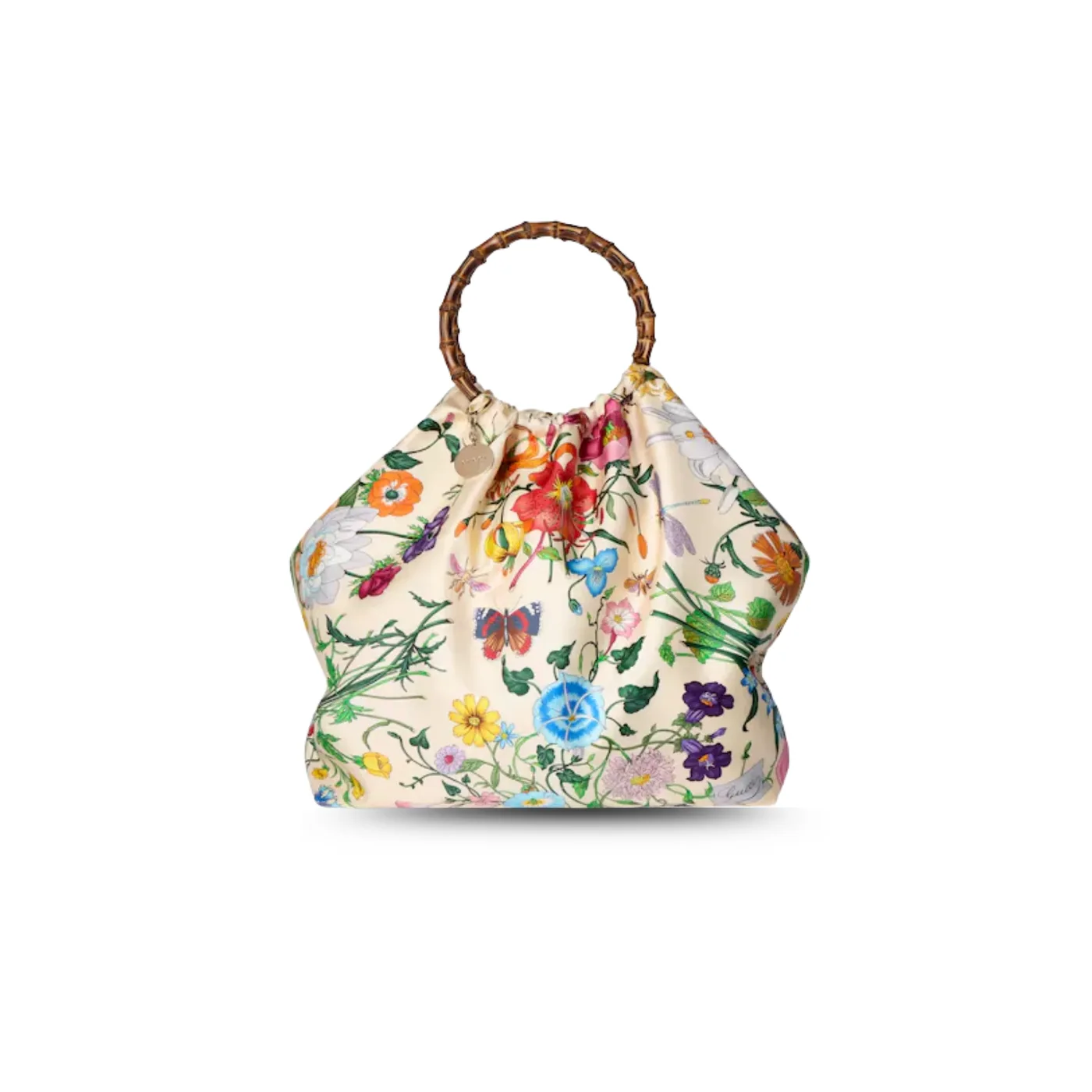 Gucci Silk Maxi With Bamboo Handle Tote Bag in White/ Multicolor Gold Hardware