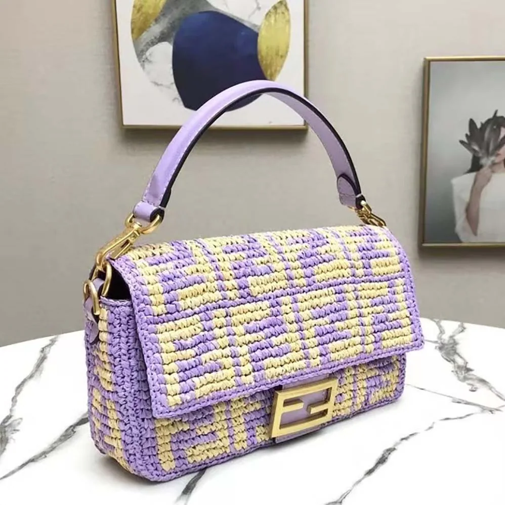 Fendi Baguette Large Lilac FF Raffia Bag for Women