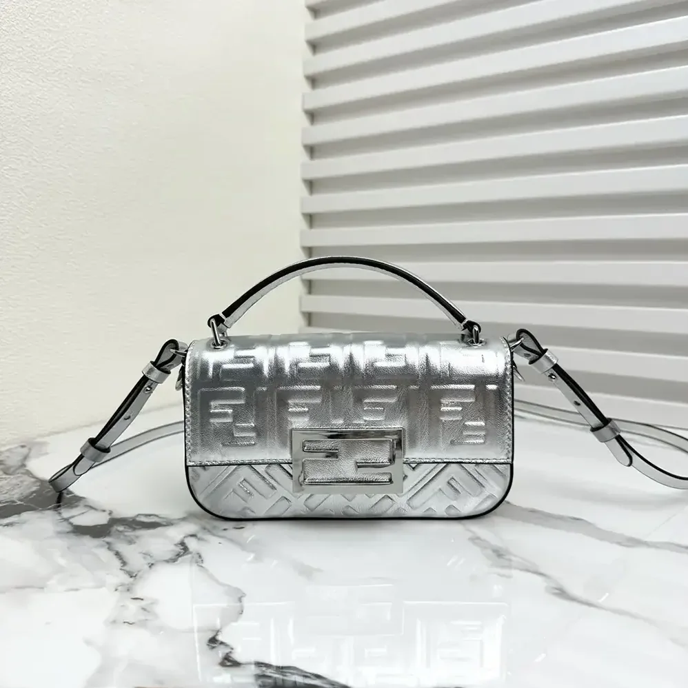 Fendi Baguette Phone Pouch Craquelé Silver Leather Pouch for Women
