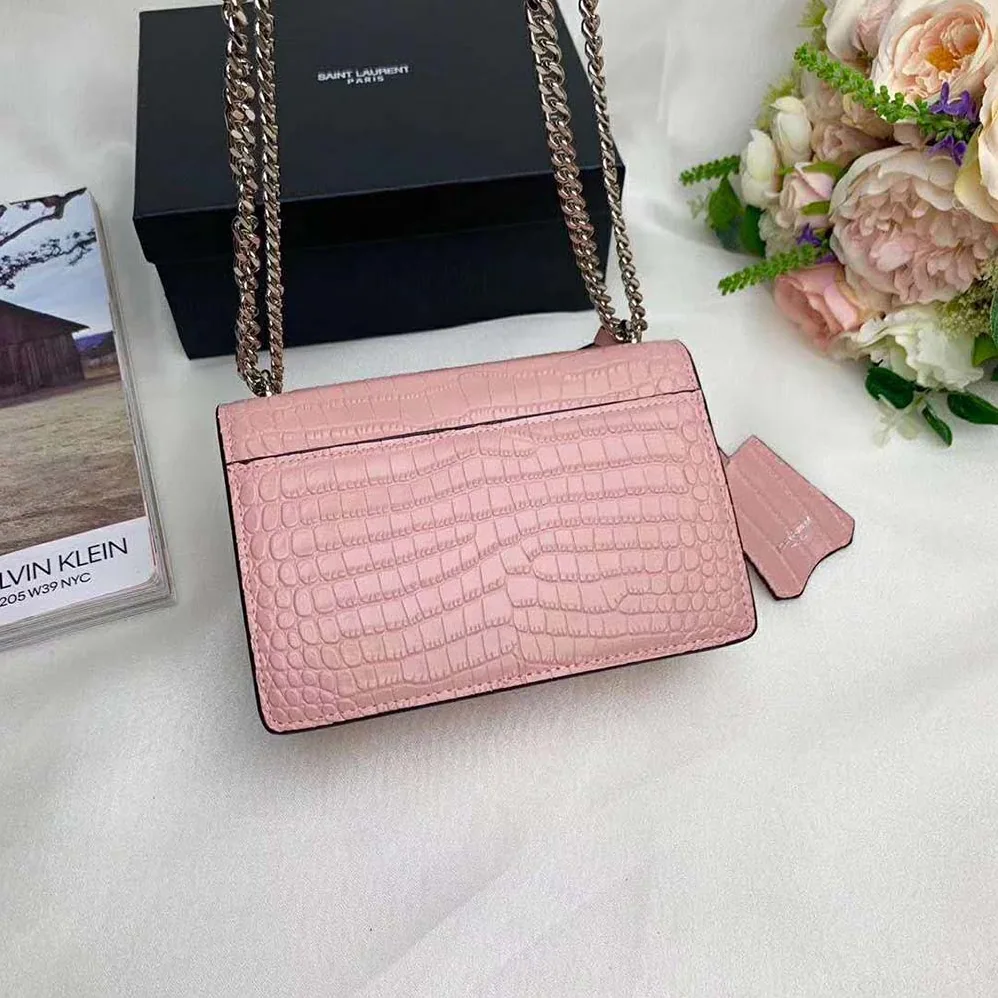 Saint Laurent YSL Sunset Medium Crocodile Embossed Shiny for Women in Pink Saint Laurent YSL Sunset Medium Crocodile Embossed Shiny for Women in Pink