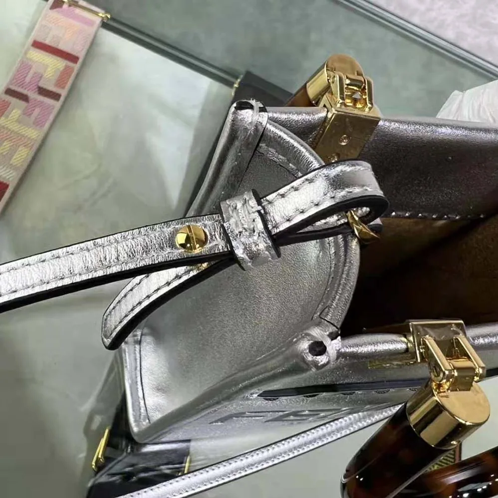 Fendi Mini Sunshine Shopper Silver Laminated Leather Shopper for Women Fendi Mini Sunshine Shopper Silver Laminated Leather Shopper for Women