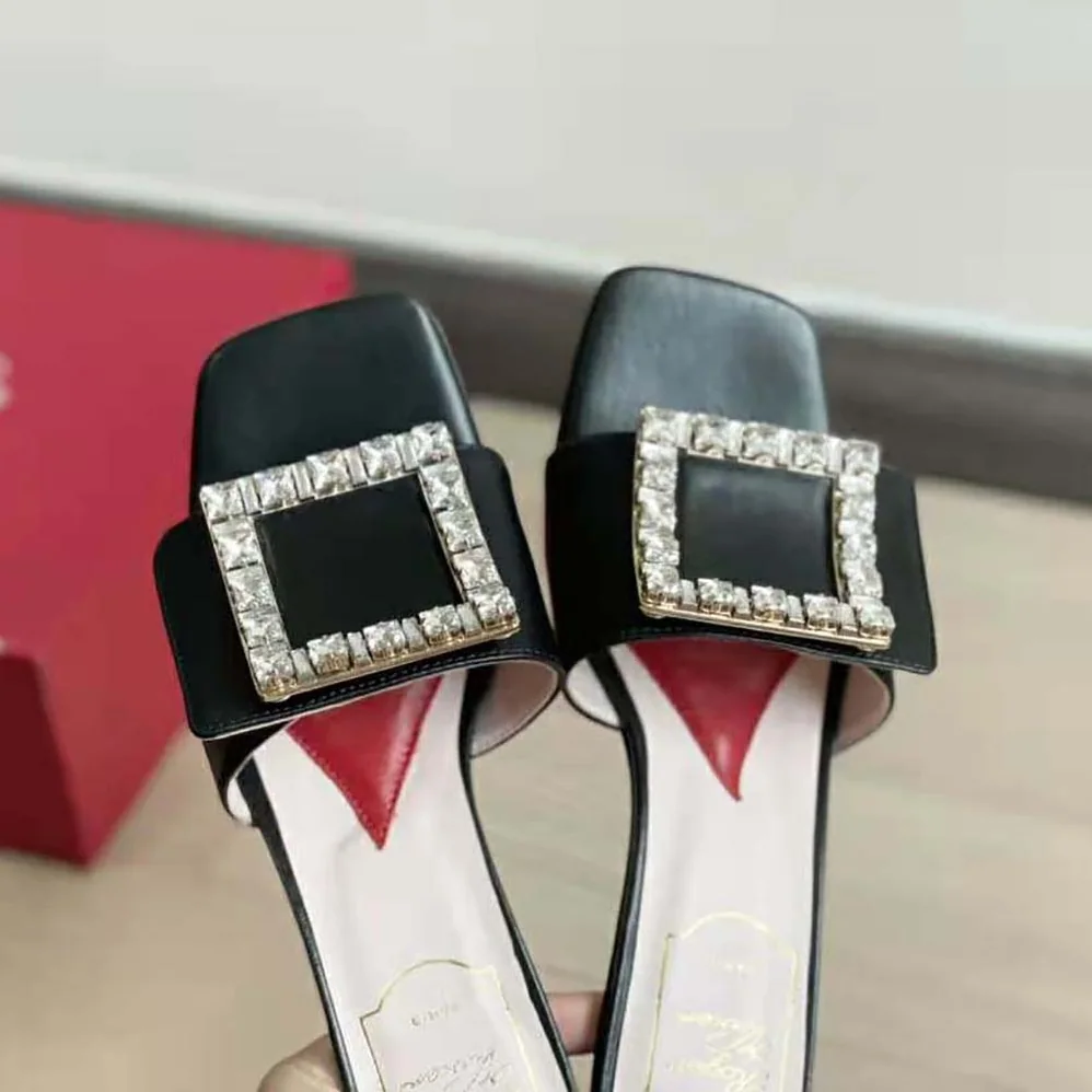 Roger Vivier Biki Love Strass Buckle Mules in Satin for Women in Black Roger Vivier Biki Love Strass Buckle Mules in Satin for Women in Black