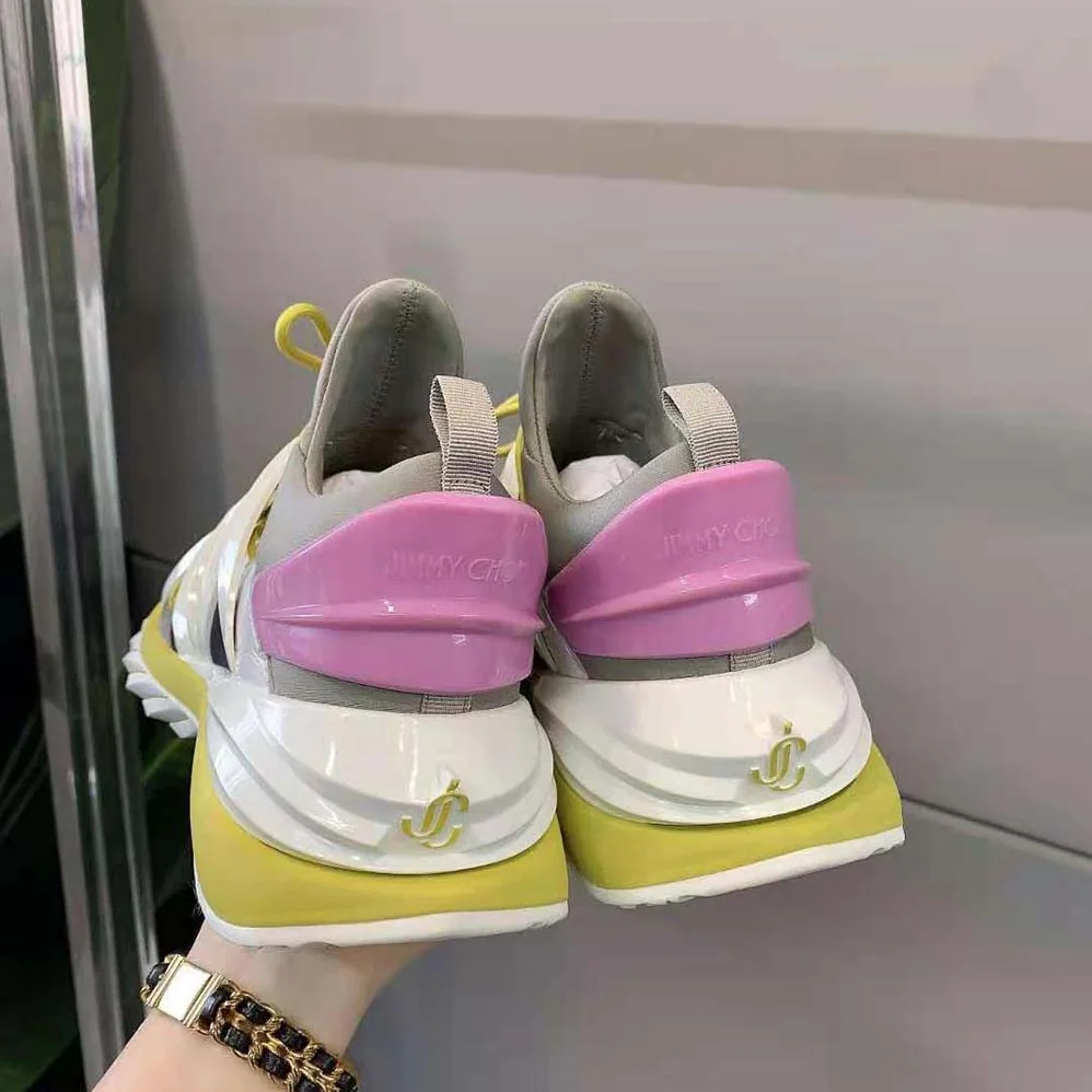 Jimmy Choo Cosmos/F Marl Grey Lime and Pink Leather and Neoprene Low for Women in Top Trainers