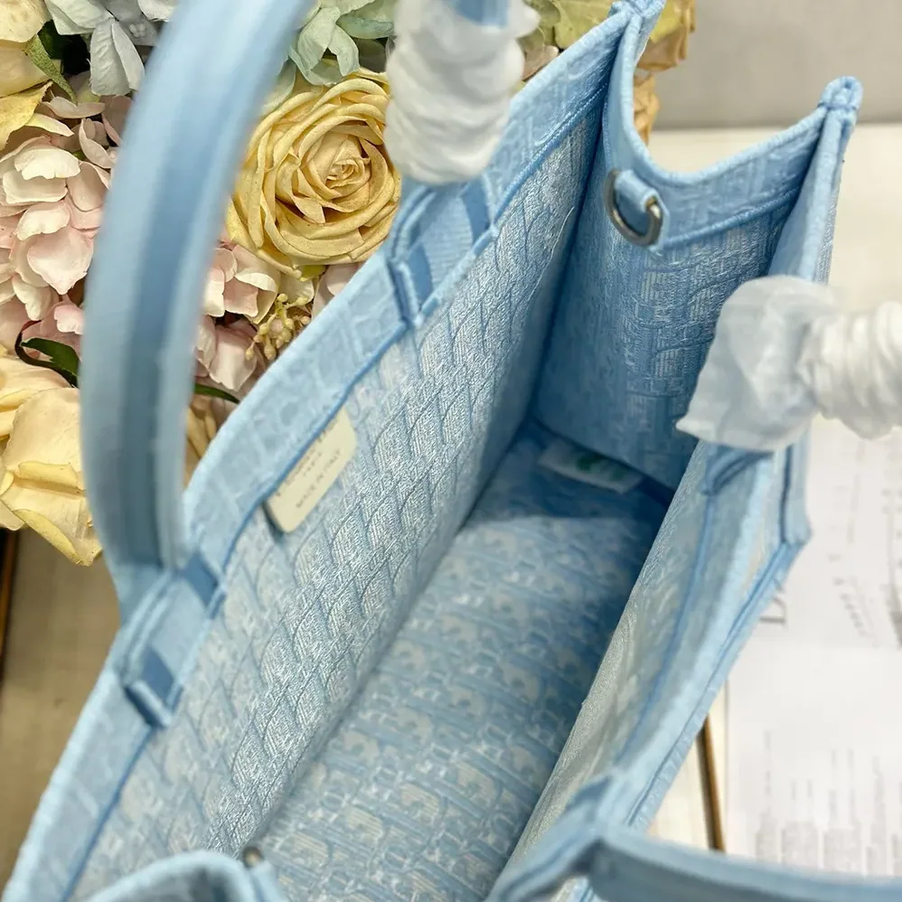 Dior Medium Dior Book Tote with Strap Blue Dior Oblique Embroidery with White Lace and Dior Médaillon for Women Dior Medium Dior Book Tote with Strap Blue Dior Oblique Embroidery with White Lace and Dior Médaillon for Women