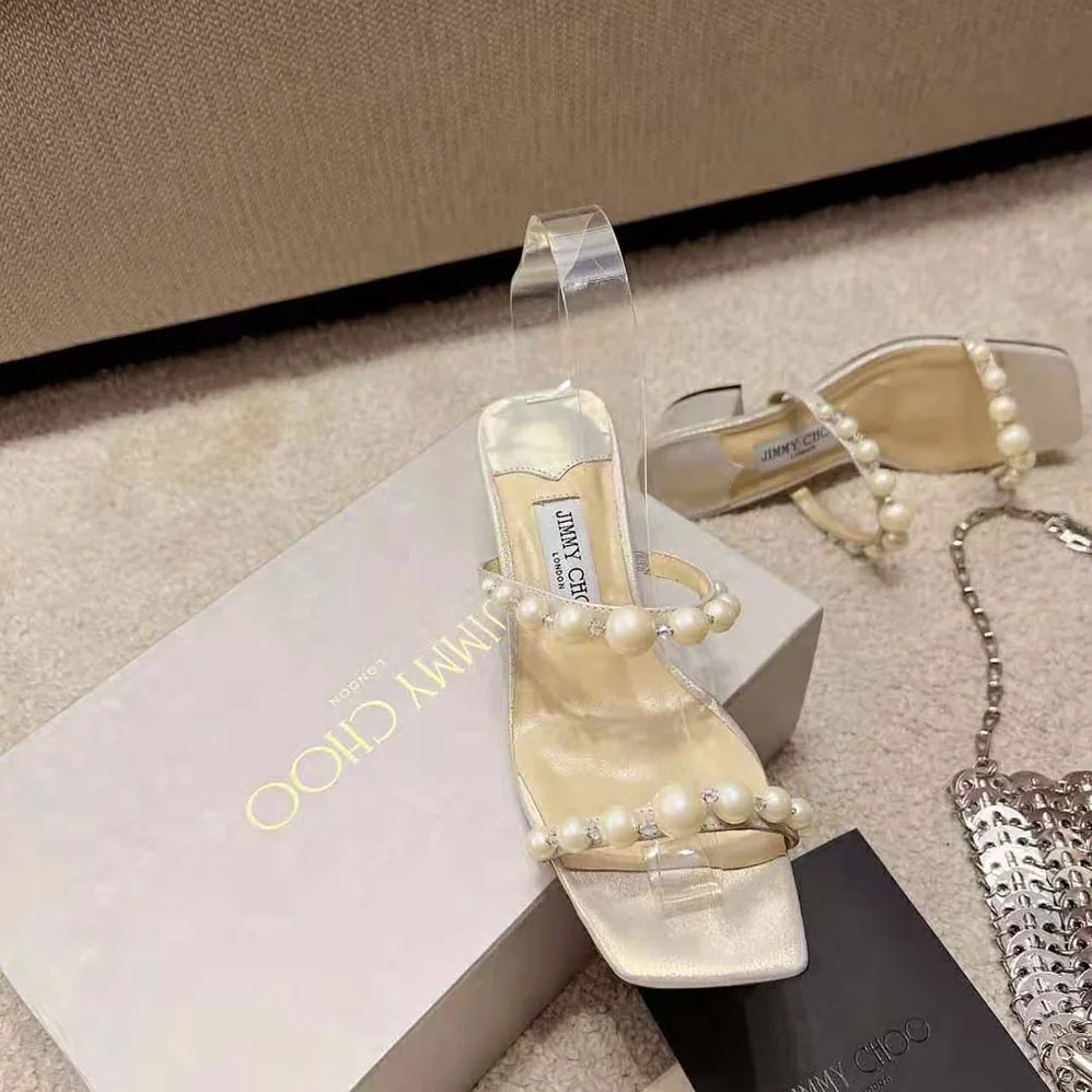 Jimmy Choo Amara 45 Champagne Shimmer Suede Mules with Pearl Embellishment for Women Jimmy Choo Amara 45 Champagne Shimmer Suede Mules with Pearl Embellishment for Women