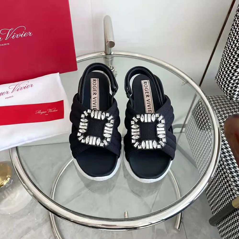 Roger Vivier Viv' Run Light Strass Buckle Sandals in Fabric for Women in Black Roger Vivier Viv' Run Light Strass Buckle Sandals in Fabric for Women in Black