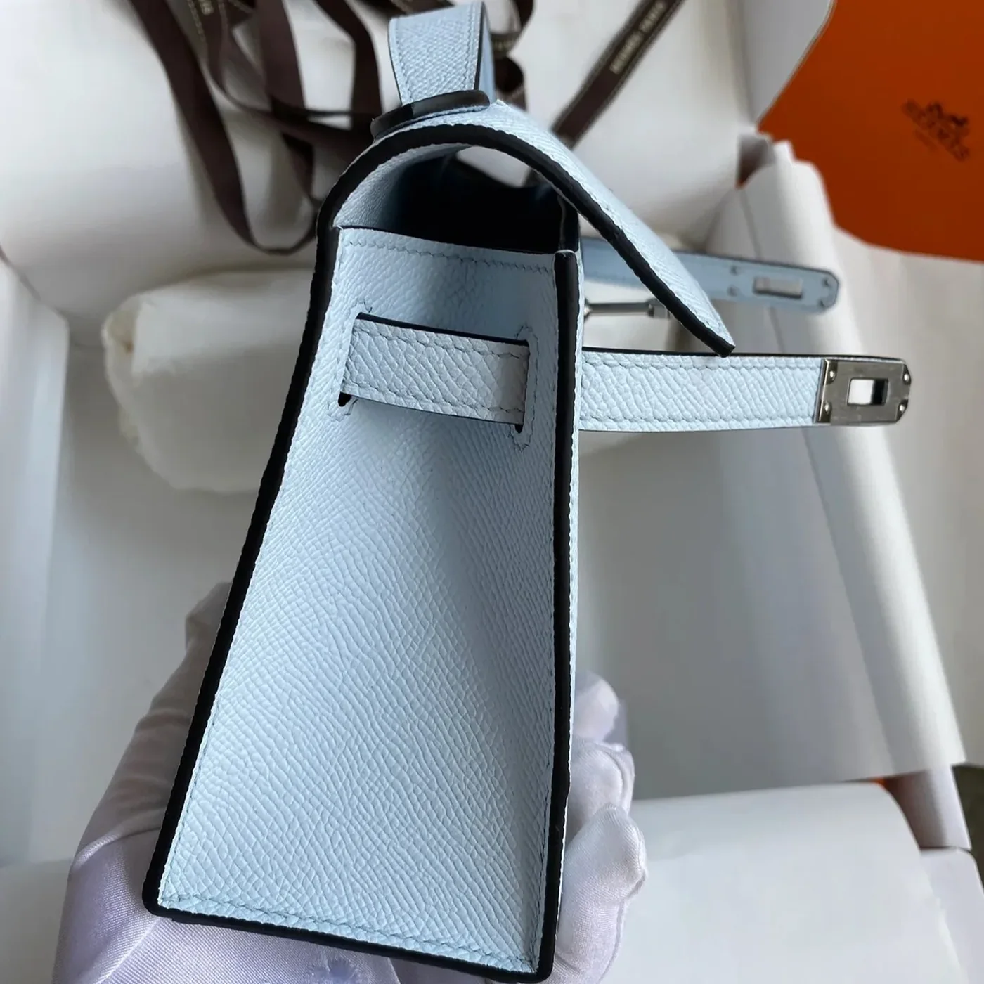 Hermes Kelly Pochette Top Handle Bag / Sky Blue Epsom Palladium Hardware Hermes Kelly Pochette Top Handle Bag / Sky Blue Epsom Palladium Hardware