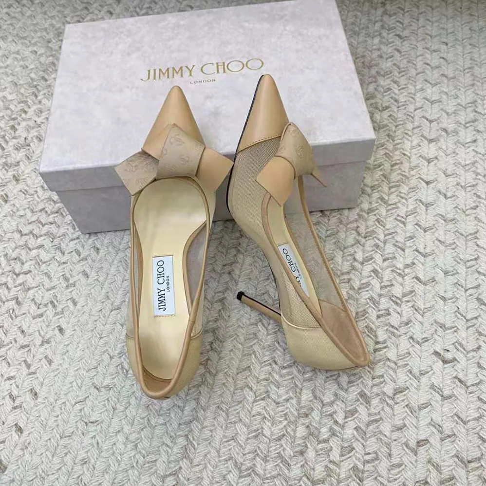 Jimmy Choo Lani 100 Caramel Mesh Pumps with JC Monogram Leather Bow for Women Jimmy Choo Lani 100 Caramel Mesh Pumps with JC Monogram Leather Bow for Women