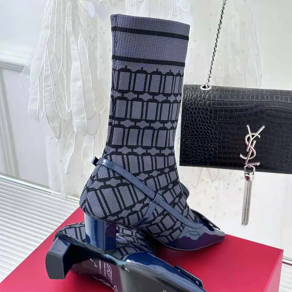 Roger Vivier Belle Vivier Sock Lacquered Buckle Ankle Boots in Patent Leather for Women in Blue Roger Vivier Belle Vivier Sock Lacquered Buckle Ankle Boots in Patent Leather for Women in Blue