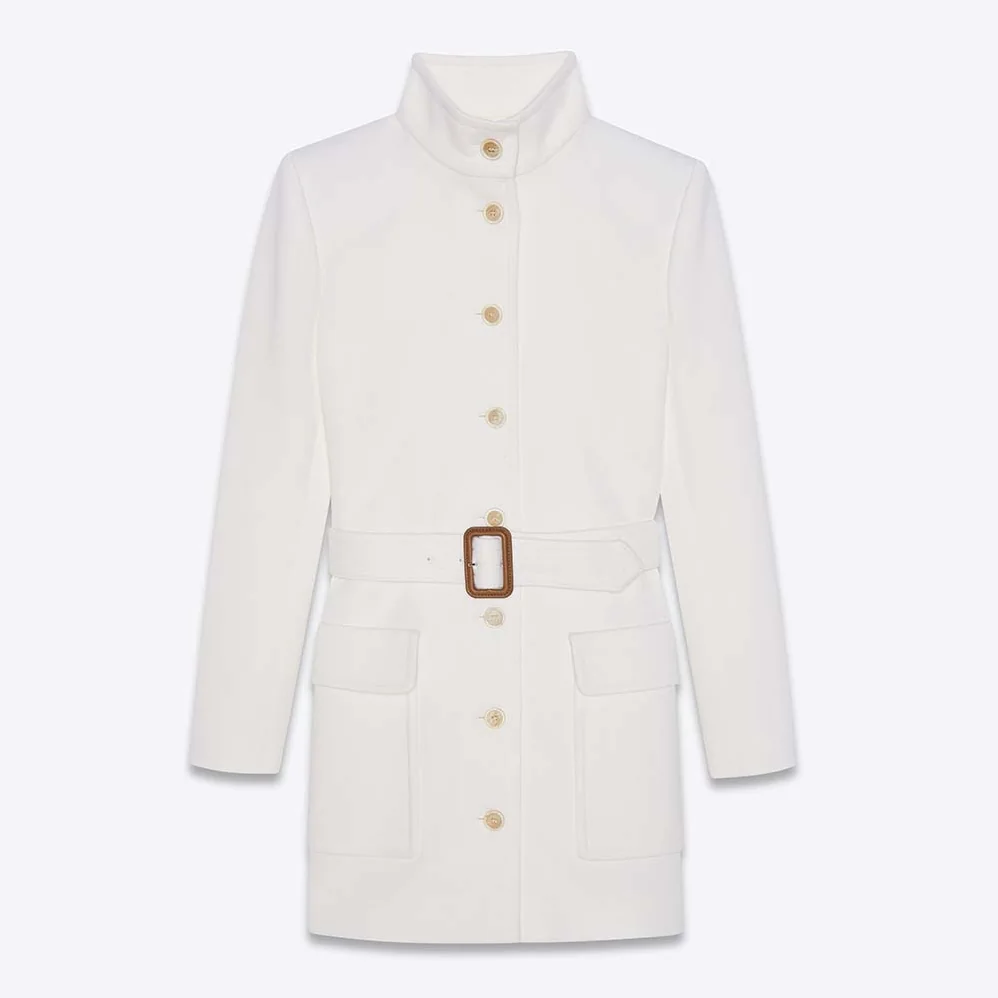 Saint Laurent YSL Long Belted Jacket in Wool Jersey for Women in White