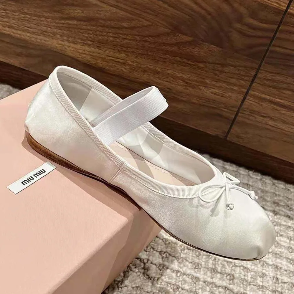 Miu Miu Satin Ballerinas with Knit Logo Label for Women in White